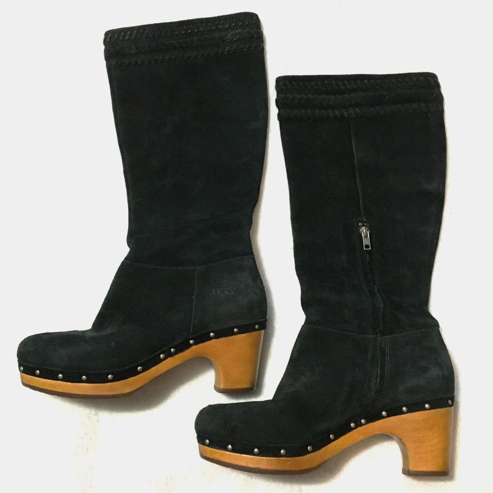 UGG Women's Black Suede Leather Tall Wood Clog Heel Boots-Size 8